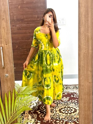 Hazel Yellow Tie Dye Printed Flare Kurti Dress Half Sleeves Midi Gown for Women