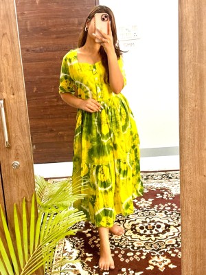 Hazel Yellow Tie Dye Printed Flare Kurti Dress Half Sleeves Midi Gown for Women