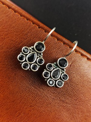 Elegant Silver Oxidized Earring Hook Drop Dailywear Ethnic Indian Stonework Earrings for Girls