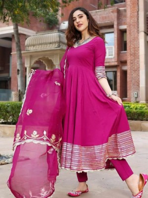 Pink Anarkali Gown Kurti Pant Gota Work Dupatta Set V-Neck Salwar Kameez