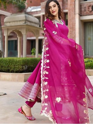 Pink Anarkali Gown Kurti Pant Gota Work Dupatta Set V-Neck Salwar Kameez