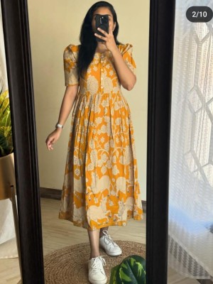 Mustard Yellow Animal Printed Half Sleeves Midi Gown Kurti Dress for Women