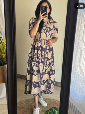 Blue Flora Printed Half Sleeves Midi Gown Kurti Dress for Women