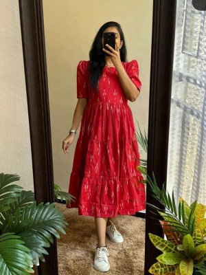 Red Ikkat Printed Half Sleeves Midi Gown Kurti Dress for Women