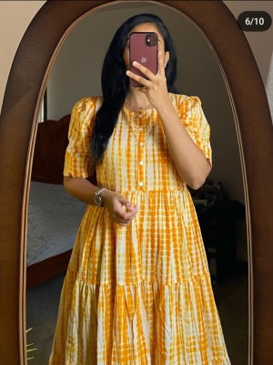 Yellow Procin Printed Half Sleeves Midi Gown Kurti Dress for Women