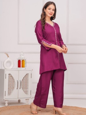 Magenta Pink Solid V-Neck Co Ord Set Kurti Pant Pakistani Readymade Embroidery Set for Women