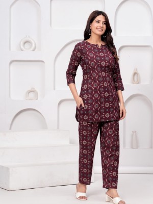 Brown Cotton Co Ord Set Dress Kurti Pyjama for Summer