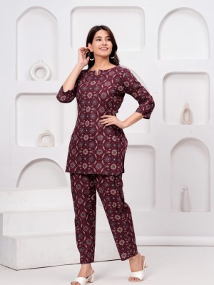 Brown Cotton Co Ord Set Dress Kurti Pyjama for Summer