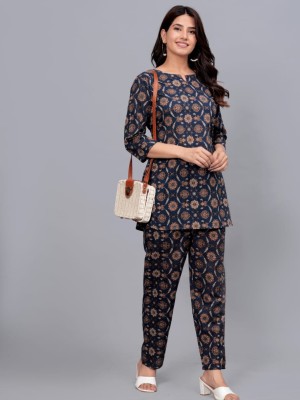 Blue Cotton Co Ord Set Dress Kurti Pyjama for Summer