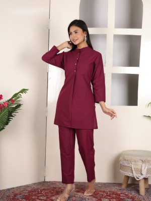 Wine Solid Co Ord Set Kurti Pant Pakistani Readymade Embroidery Set for Women