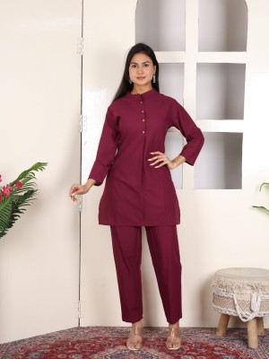 Wine Solid Co Ord Set Kurti Pant Pakistani Readymade Embroidery Set for Women