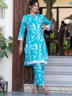 Blue Floral Co Ord Set Kurti Pant Pakistani Readymade Set for Women