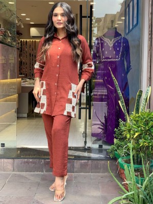 Zoya Red Collared Printed Cotton Co Ord Set Kurti Pant Set for Women