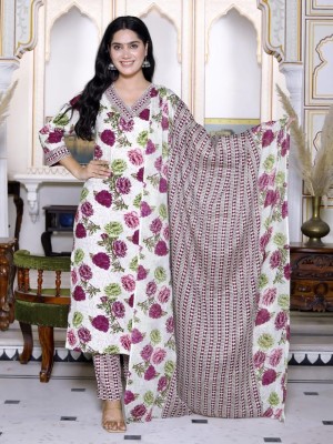 Green Floral Cream Color Cotton Printed Indian Traditional Straight Salwar Kameez Kurti Pant Set for Women