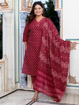 Red Color Cotton Printed V-Neck Indian Traditional Straight Salwar Kameez Kurti Pant Dupatta Set for Women