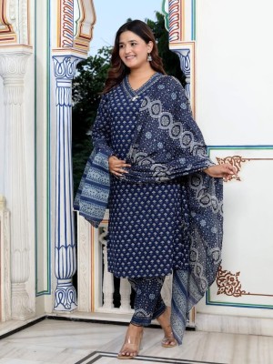 Blue Color Cotton Printed V-Neck Indian Traditional Straight Salwar Kameez Kurti Pant Dupatta Set for Women