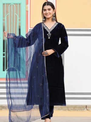 Winter Velvet V-Nect Navy Blue Color Indian Traditional Salwar Kameez Kurti Pant Dupatta Set for Women (Set of 3)