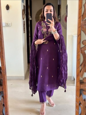 Jiva Purple Embroidered Indian Straight Cotton Salwar Kameez Kurti Pant Dupatta Set for Women