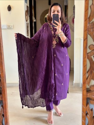 Jiva Purple Embroidered Indian Straight Cotton Salwar Kameez Kurti Pant Dupatta Set for Women