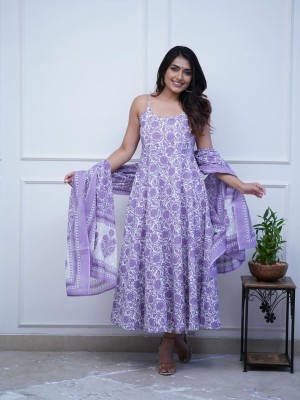 Lila Lavender White Anarkali Cotton Floral Printed Indian Spaghetti Sleeves Salwar Kameez Kurti Pant Dupatta Set