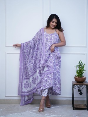 Lila Lavender White Anarkali Cotton Floral Printed Indian Spaghetti Sleeves Salwar Kameez Kurti Pant Dupatta Set