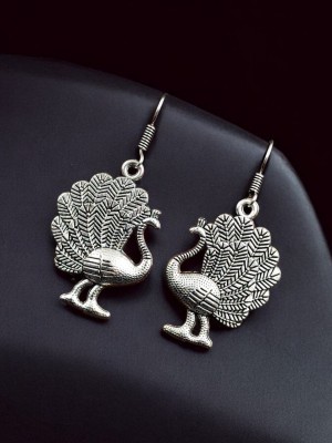 Dancing Peacock Feather Drop Dangler Silver Oxidized Nature Daily Wear Earrings Jewelry