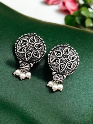 Round Flower Pushback Earring Silver Oxidized Daily Wear Earrings Jewelry