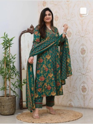 Green Floral Printed V Neck Indian Salwar Kameez Frock Style Kurti Pant Dupatta Suit Set for Women