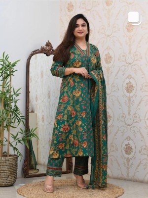 Green Floral Printed V Neck Indian Salwar Kameez Frock Style Kurti Pant Dupatta Suit Set for Women