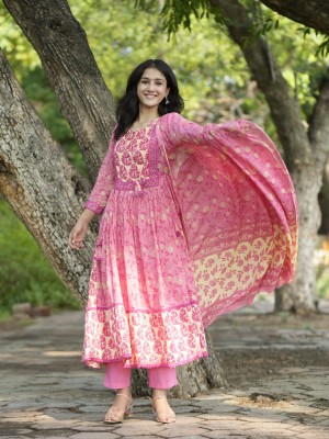 Pink Yellow Floral Printed Indian Traditional Cotton Anarkali Salwar Kameez Kurti Pant Dupatta Set