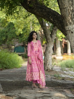 Pink Yellow Floral Printed Indian Traditional Cotton Anarkali Salwar Kameez Kurti Pant Dupatta Set