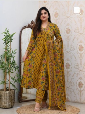 Mustard Floral Printed V Neck Indian Salwar Kameez Frock Style Kurti Pant Dupatta Suit Set for Women