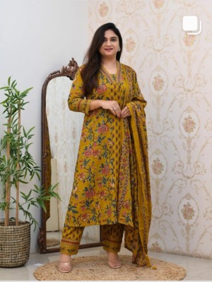 Mustard Floral Printed V Neck Indian Salwar Kameez Frock Style Kurti Pant Dupatta Suit Set for Women