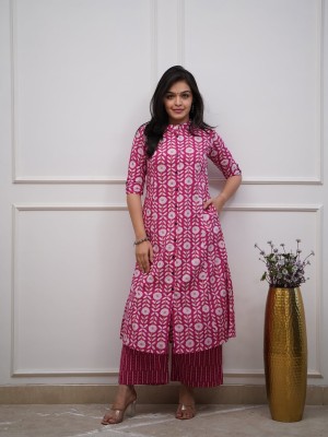 Sophia Pink Floral Printed Indian A-line Cotton Salwar Kameez Kurti Pant Co Ord Set