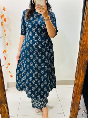 Blue Printed Cord Set Indian Cotton Salwar Kameez A-line Kurti Pant Co Ord Set Online for Women