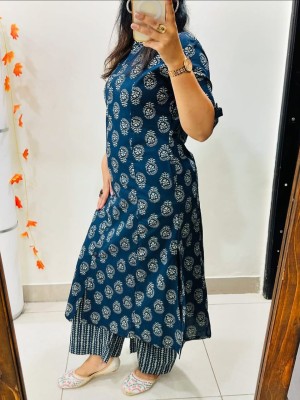 Blue Printed Cord Set Indian Cotton Salwar Kameez A-line Kurti Pant Co Ord Set Online for Women