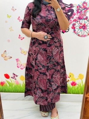 Black Floral Printed Cord Set Indian Cotton Salwar Kameez A-line Kurti Pant Co Ord Set Online