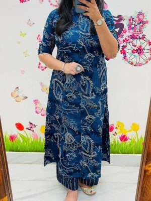 Blue Floral Printed Cord Set Indian Cotton Salwar Kameez A-line Kurti Pant Co Ord Set Online