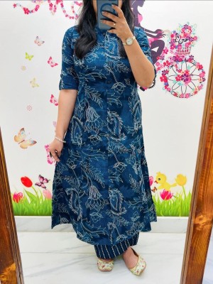 Blue Floral Printed Cord Set Indian Cotton Salwar Kameez A-line Kurti Pant Co Ord Set Online