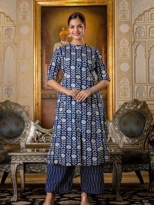 Blue Sophia Floral Printed Indian A-line Cotton Salwar Kameez Kurti Pant Co Ord Set