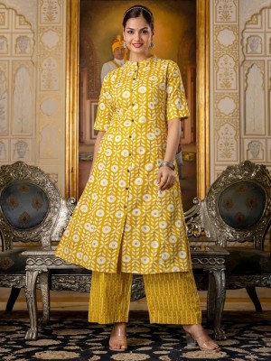 Yellow Sophia Floral Printed Indian A-line Cotton Salwar Kameez Kurti Pant Co Ord Set