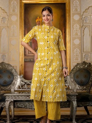 Yellow Sophia Floral Printed Indian A-line Cotton Salwar Kameez Kurti Pant Co Ord Set