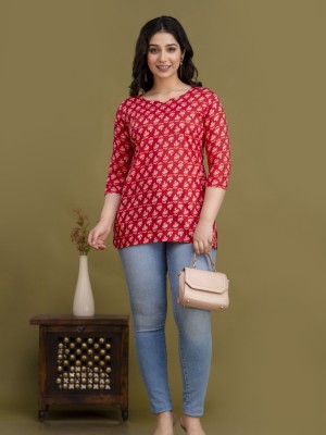 Vidhi Red Floral Block Printed Top Cotton Short Kurti Tunic for Women