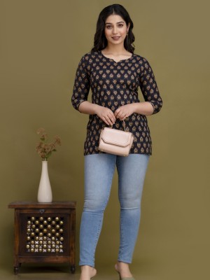 Nidhi Black Floral Block Printed Top Cotton Short Kurti Tunic for Women