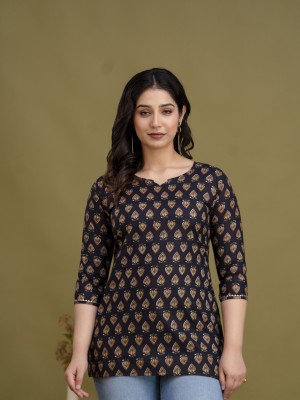 Nidhi Black Floral Block Printed Top Cotton Short Kurti Tunic for Women