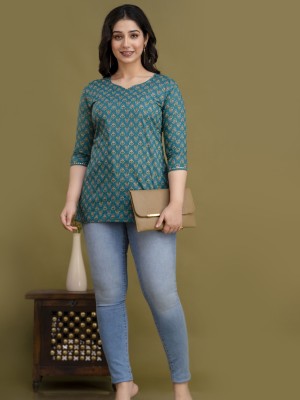 Sidhi Turquoise Floral Block Printed Top Cotton Short Kurti Tunic for Women