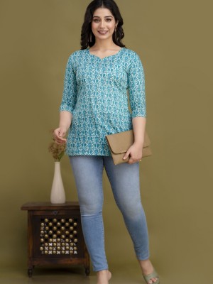 Blue Floral Block Printed Top Cotton Short Kurti Tunic for Women