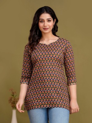 Wine Floral Block Printed Top Cotton Short Kurti Tunic for Women