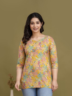 Yellow Multi Floral Block Printed Top Cotton Short Kurti Tunic for Women