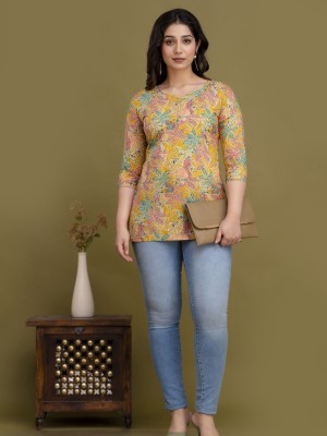 Yellow Multi Floral Block Printed Top Cotton Short Kurti Tunic for Women